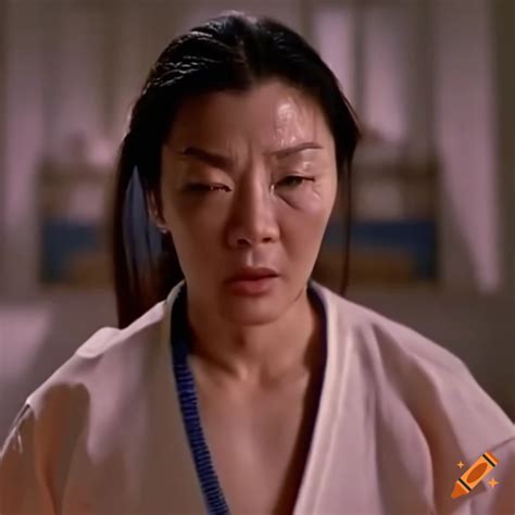 Michelle Yeoh In A Martial Arts Movie Scene With Bruised Fighter And Stunned Expression On Craiyon