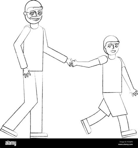 Grandfather Holding Hand Grandson Walking Vector Illustration Hand