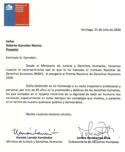 Carta Ministerio De Justicia Roberto Garreton