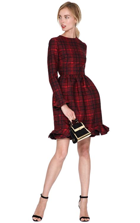 Lyst Valentino Plaid Long Sleeve Dress With Voulant Cuff And Hem In Red