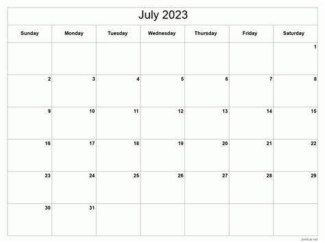 Printable Blank Calendar Template July