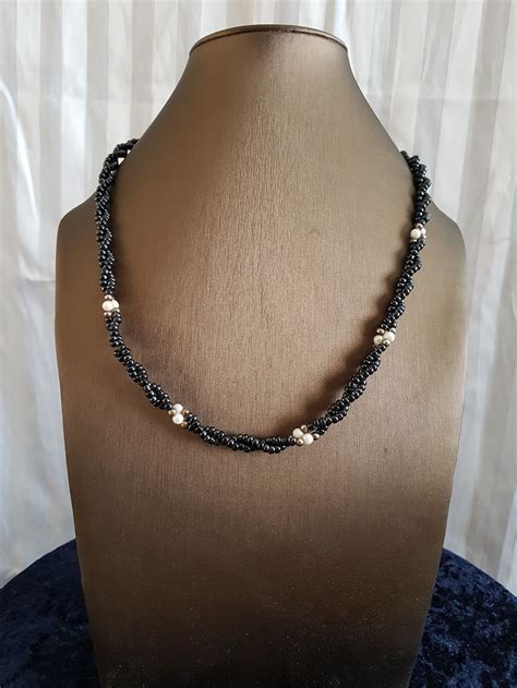 Black Glass Twisted Beaded Necklace Highlighted With Seed Etsy