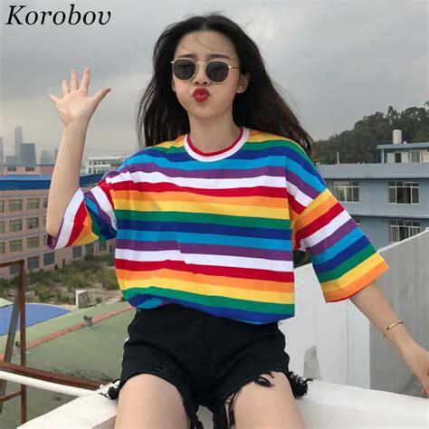 Buy Korobov T Shirt Women Rainbow Striped Tops Harajuku Tshirt 2019 Summer