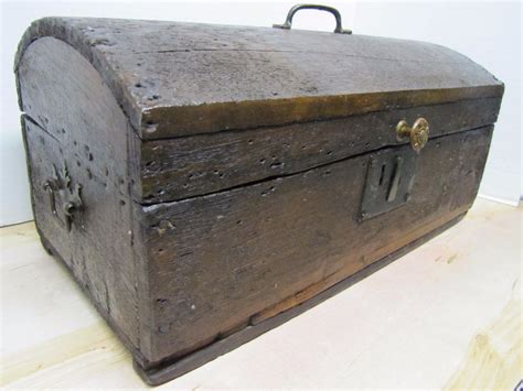 Antique Small Dome Top Trunk Treasure Chest Wooden Document Box Old