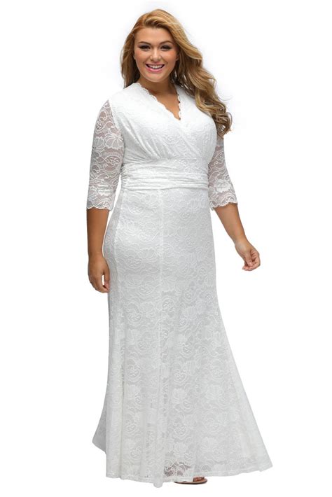 Lalagen Womens Plus Size 34 Sleeve V Neck Lace Evening Party Wedding Dress White1x Plus