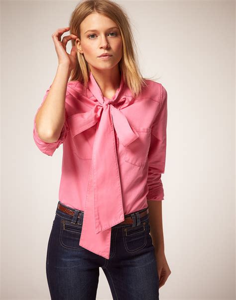 Lyst Asos Collection Asos Pussybow Coloured Denim Blouse In Pink