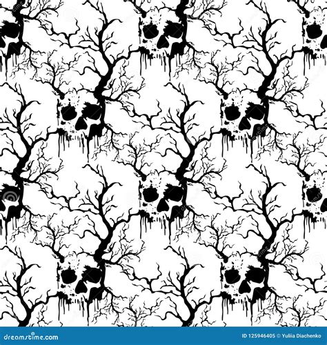 Halloween Seamless Pattern With Black Skulls And Treesvector