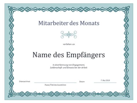 Dies ist eine barrierefreie vorlage. Urkunde für den "Mitarbeiter des Monats" (Design "Blaue ...