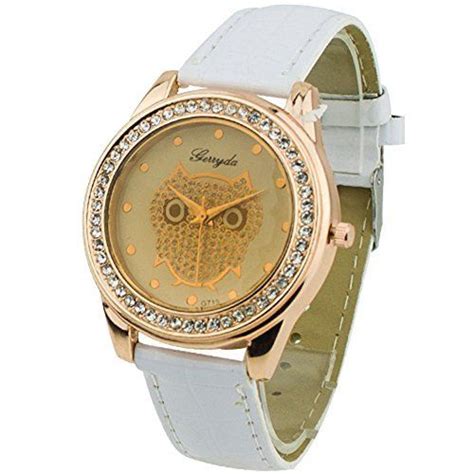 Champagne Dial Owl Women S Crystals Decorated Quartz Wrist Watch White Band Amazon