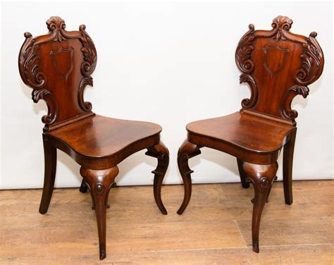 Pair Victorian Hall Chairs Antique 1840 Carved Seats