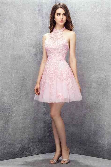 cute halter short light pink tulle lace beaded party prom dress