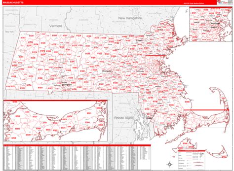 Massachusetts Zip Code Wall Map Red Line Style By Marketmaps Free