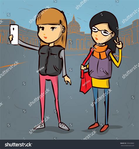 Two Cute Girls Making Selfie Hand Stock Vector 339638882 Shutterstock