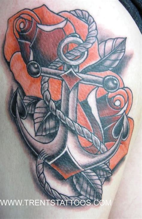 Looking for some anchor tattoo design ideas? Classic Anchor With Rose Tattoo On Right Back Shoulder By Trent ... | Rose tattoo, Tattoos ...