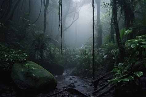 Dark Rainforest Scene With Misty Fog Creating Mysterious Atmosphere