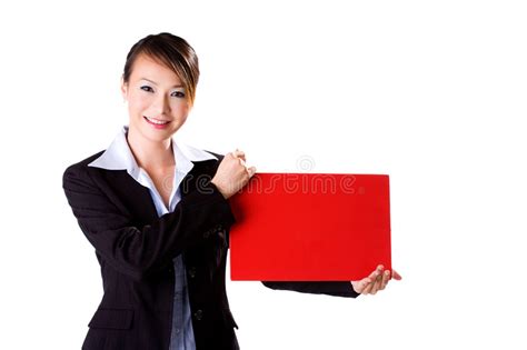 Happy Business Woman Holding A Red Card Stock Photo Image Of