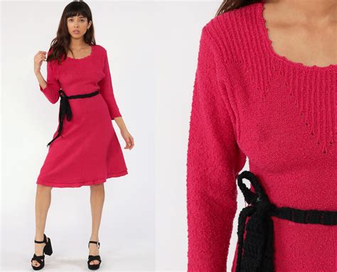 50s Knit Dress 1950s Sweater Dress Midi Deep Pink 1960s High Waist ...