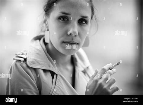 Young Smoking Woman Black And White Portrait Stock Photo Alamy