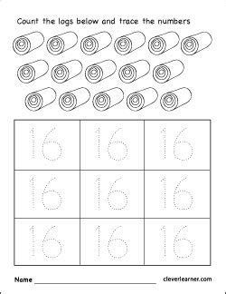 Preschool and kindergarten counting and number recognition worksheets. Number 16 writing, counting and identification printable ...