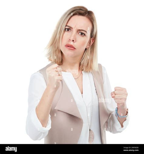 woman angry in portrait with fist and fight pose with self defense and fighter isolated on