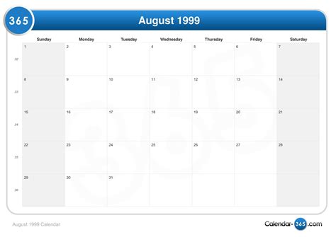 The next time you can reuse 1999 calendar will be in 2021. August 1999 Calendar