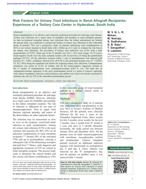 Pdf Risk Factors For Urinary Tract Infections In Renal Allograft Recipients Experience Of A