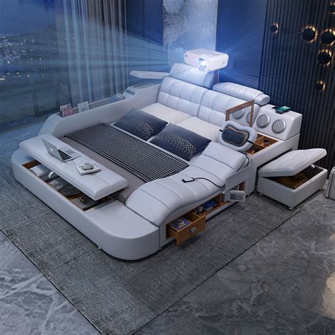 Modern Bedroom Furniture Set King Genuine Leather Multifunction Massage