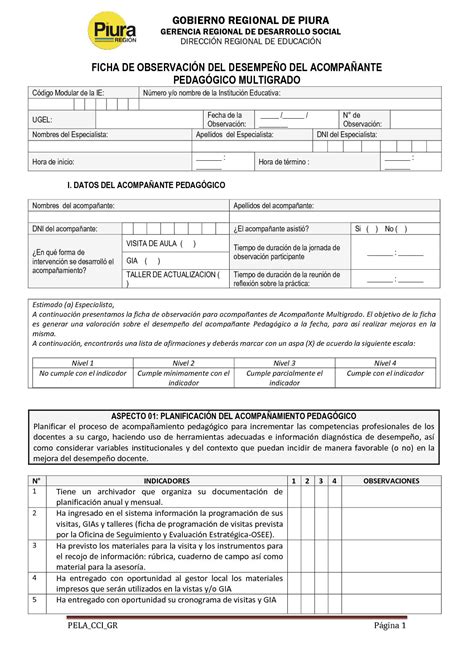 Multigrado Ficha De Observación Del Desempeño Del Acompañante