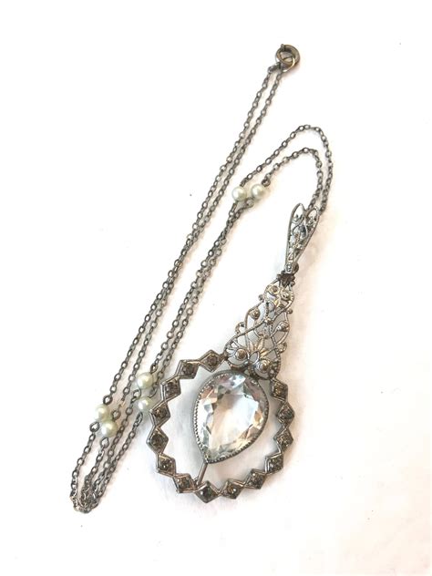 Vintage Silver Filigree Crystal Necklace Victorian Wedding Etsy In