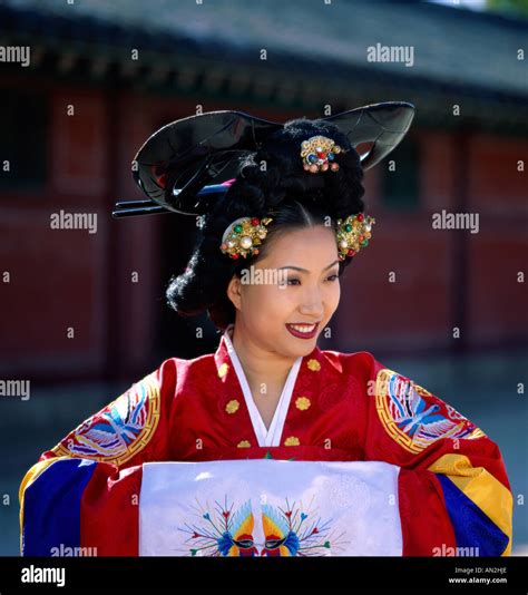 Woman Dressed In Traditional Wedding Costume Seoul South Korea Stock