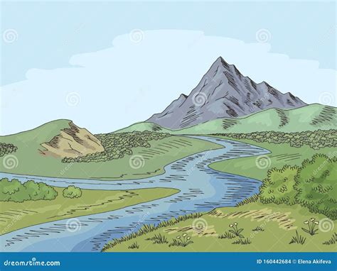 Mountain River Graphic Color Landscape Sketch Illustration Vector Stock