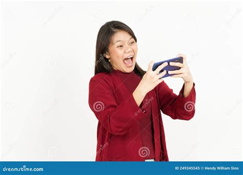 Playing Mobile Game On Smartphone Of Beautiful Asian Woman Wearing Red Shirt Stock Image Image