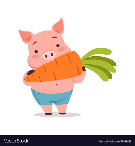 Cute Pig Eating Carrot Funny Cartoon Animal Vector Image