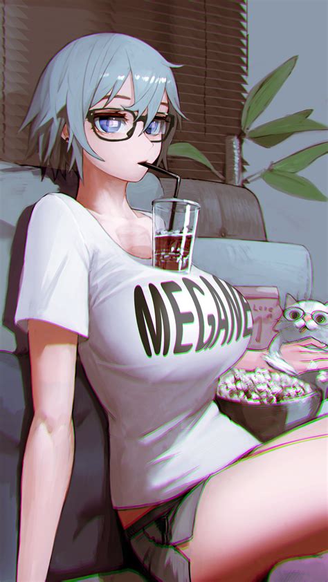 Big Boobs Blue Eyes Women Indoors Short Hair Women With Glasses Sitting Looking At Viewer