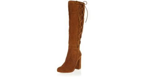 River Island Tan Suede Knee High Lace Up Boots In Brown Lyst