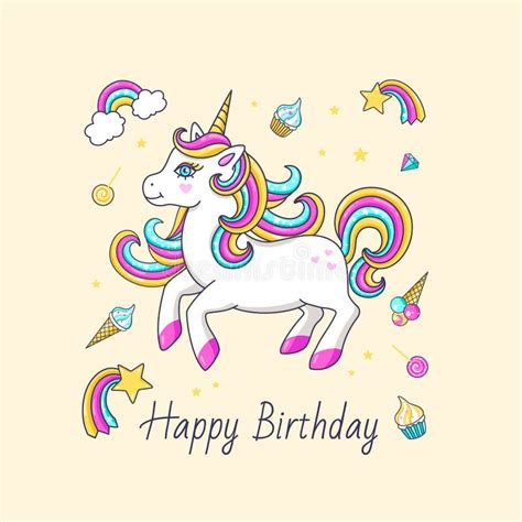 Happy Birthday Card With Cute Unicorn Stock Vector Illustration Of