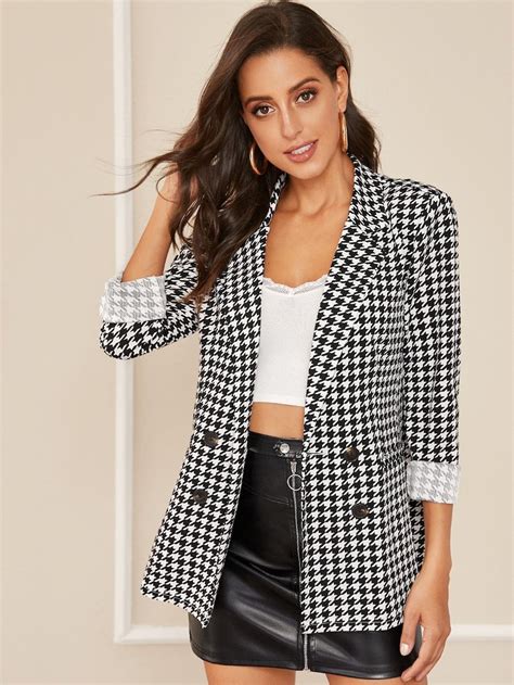 SHEIN Notch Collar Double Breasted Houndstooth Blazer Houndstooth