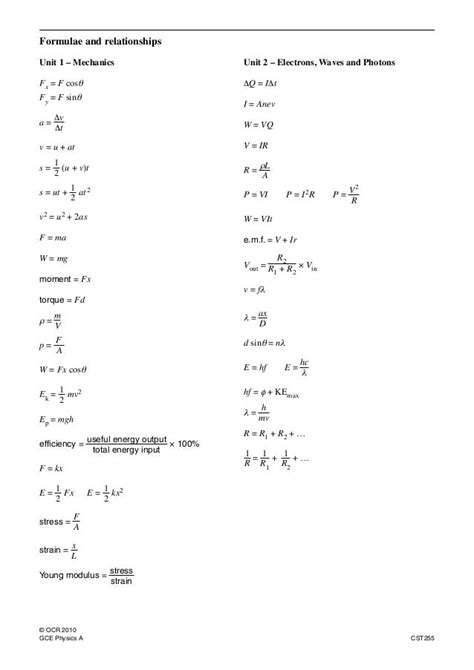 Aqa A Level Physics Formula Sheet