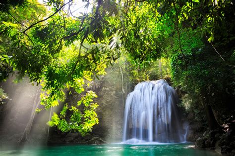 Kanchanaburi Thailand Waterfall Nature Tree Sun Sun Rays Water Beautiful Hd Wallpaper