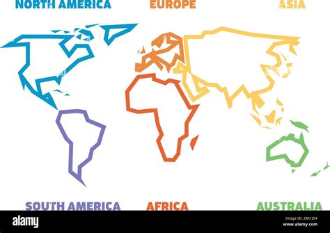Simplified Thick Outline Of World Map Divided To Six Continents Simple