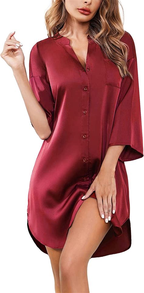 Satin Nightgowns For Women Silk Sleepwear Button Down Sleepshirt 34 Sleeve V Neck Nightshirts