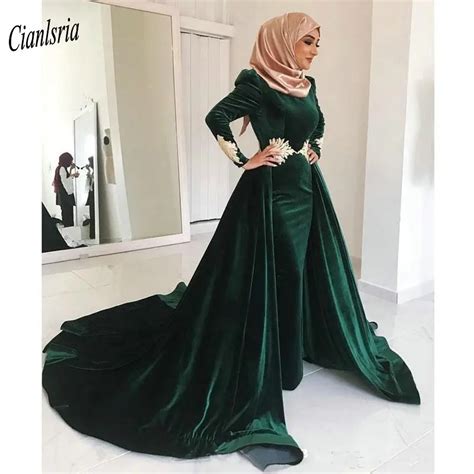 dark green velvet muslim evening dress 2019 long sleeve appliques islamic dubai saudi arabic