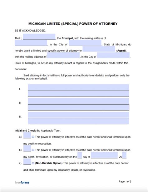Free Michigan Limited Special Power Of Attorney Form Pdf Word
