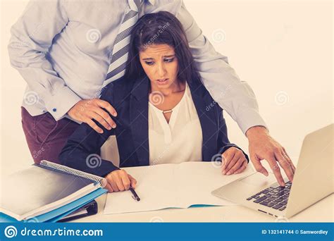 The Uncomfortable Scared Woman And Worry By Her Boss At The Office In