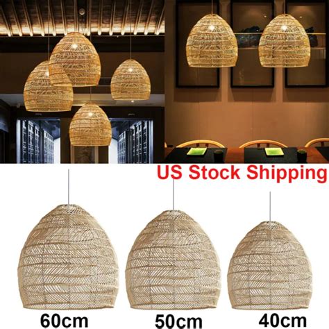 Bamboo Wicker Rattan Pendant Light Fixture Asian Vintage Hanging
