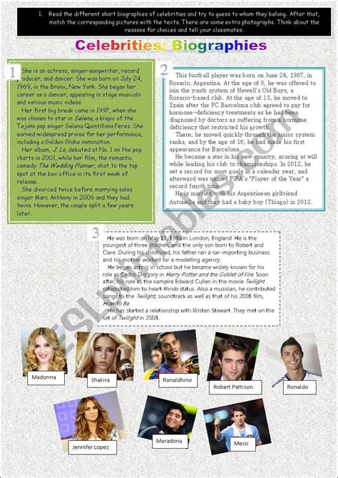 Celebrities´ Biographies Esl Worksheet By Eliana28 Celebrity
