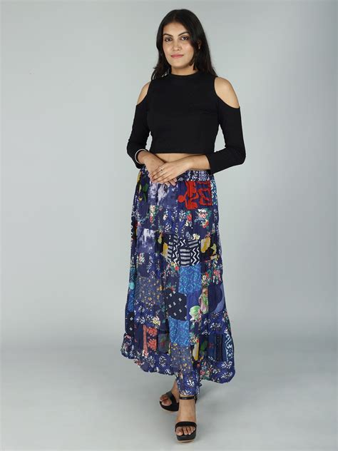 Long Printed Boho Skirt From Gujarat With Patch Work And Dori On Waist