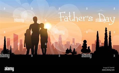 Father Day Holiday Silhouette Son Daughter Dad Embrace Stock Vector
