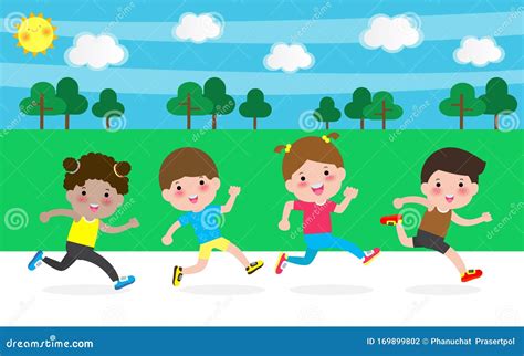 Happy Kids Jogging For Healthy Cartoon Character Children Running