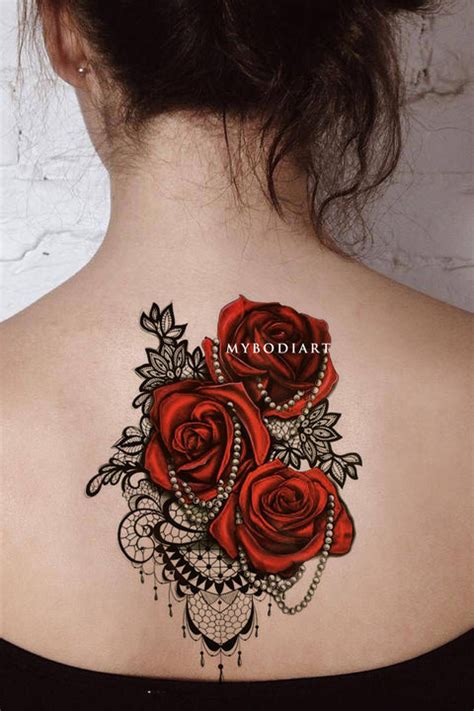 Florence Red Rose Black Lace Temporary Tattoo Mybodiart